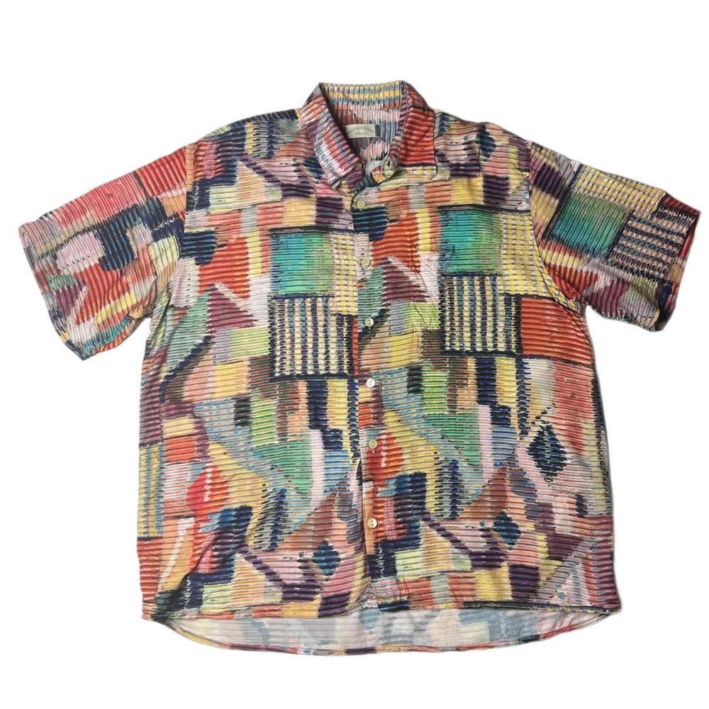 Vintage Riscatto Abstract Multicolor Short Sleeve Button Rayon Cabana Shirt XL